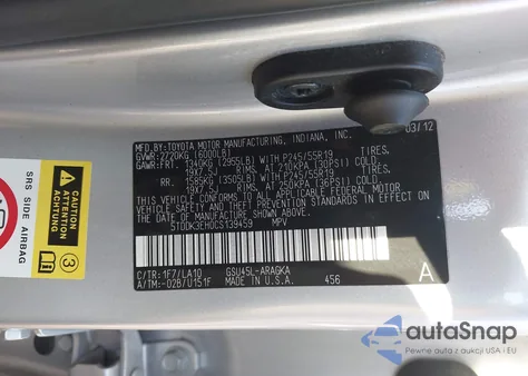 2012 Toyota Highlander Limited V6 z USA, uszkodzony, nr VIN 5TDDK3EH0CS139459